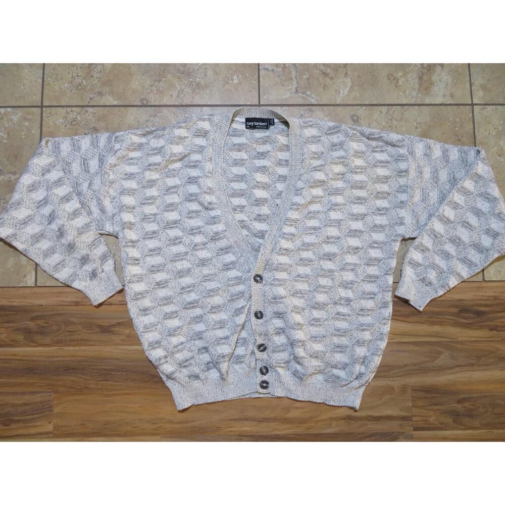 Tony Lambert Sweater Gray Cardigan V-Neck Sz XL 1980s